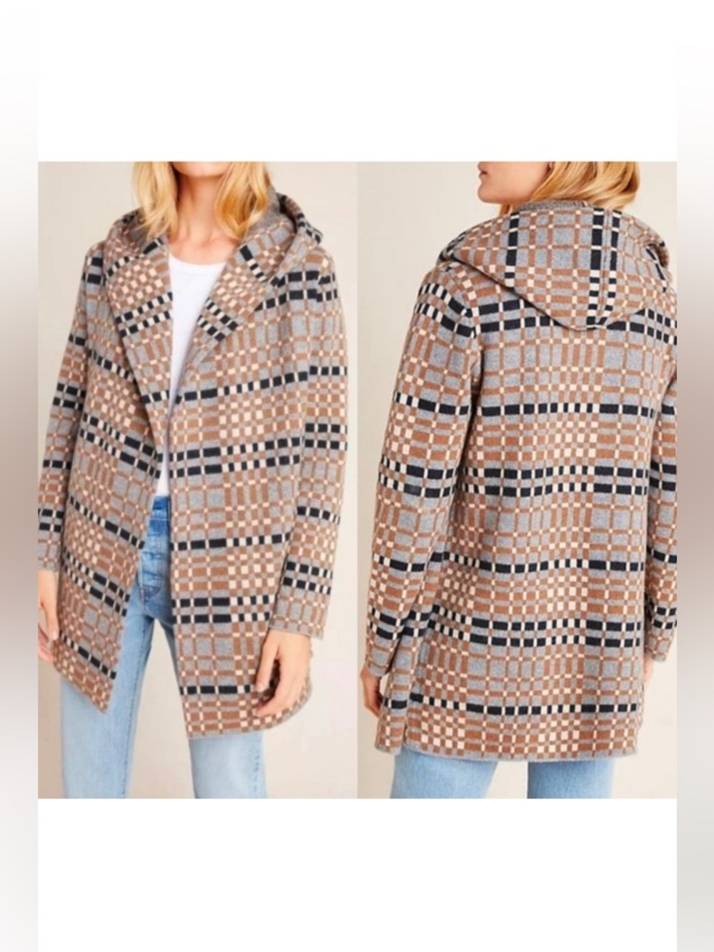 Anthropologie Wool Sweater Coat Hooded Plaid Coatigan Boho Cardigan Jacket chic - Picture 13 of 13